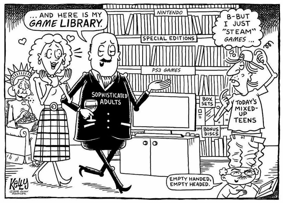 A cartoon of a person walking in a library
Description automatically generated